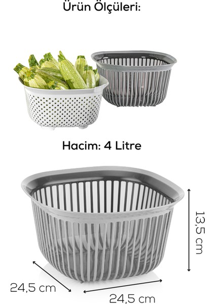 4 Litre Kare Kase Ayrı Süzgeçli Antrasit-Füme
