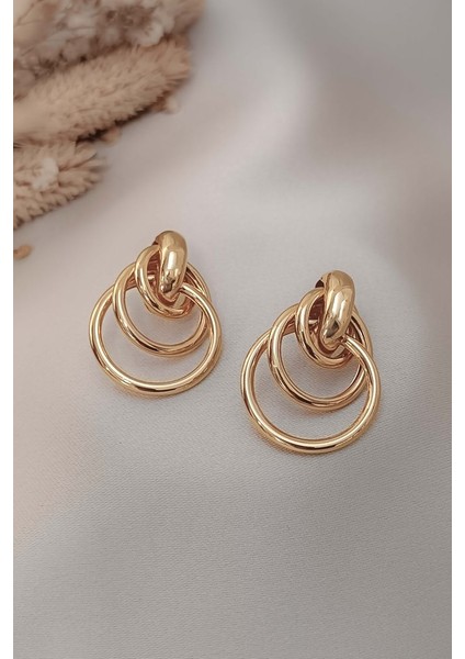 Gold Sıralı Geçme Zincir Örgü Tasarım Şık Gece Elbise Halka Trend Küpe