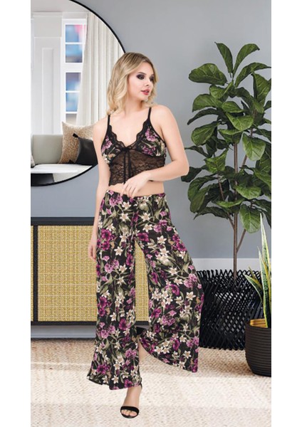 İpeksi Bol Paça İnce Askılı Desenli S/M-L/XL Beden Kadın Büstiyer Alt Üst Takımı