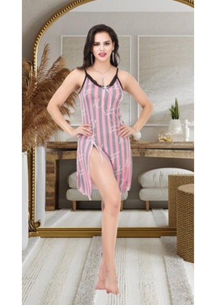 Pudra İnce Askılı Dantelli Transparan Kadın S/M-L/XL Beden Kısa Gecelik