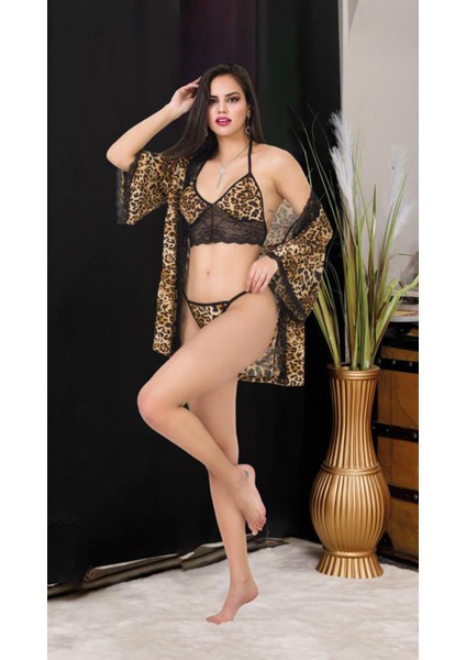 Leoparlı 3 Parça Transparan Tanga S/M-L/XL Beden Kadın İç Çamaşır Model Takımı