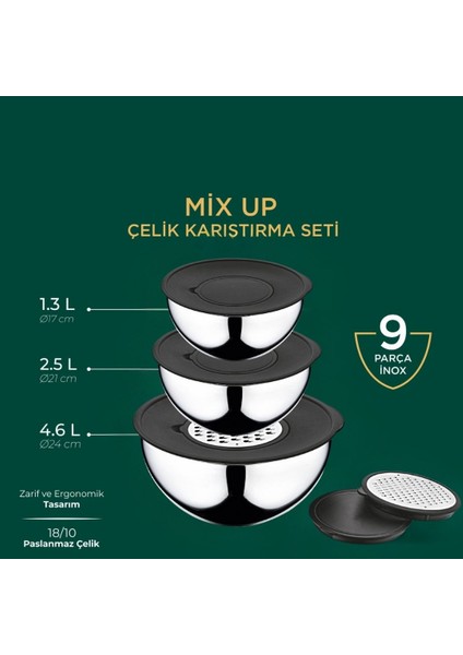 Mix Up Paslanmaz Çelik Rendeli Karıştırma Seti 9 Parça Inox
