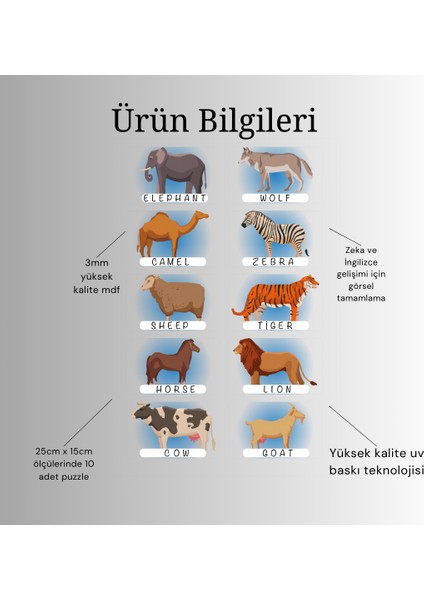 Ingilizce Hayvanlar Öğrenme Eşleme Puzzle Kartı, Puzzle Eğitici Oyuncak, Montessori Eğitim Oyuncak