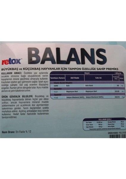 Retox Balans Sodyum Bikarbonat Takviye Yem Katkı 25 kg