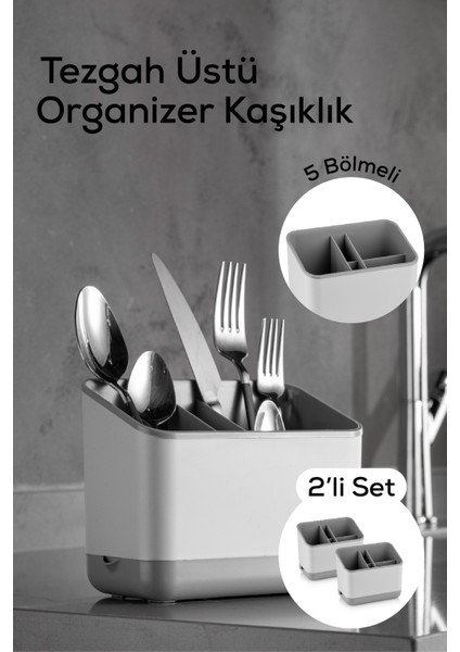 2’li 5 Bölmeli Organizer Kaşıklık Tezgah Üstü Kaşık Düzenleyici Gri