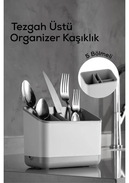 5 Bölmeli Organizer Kaşıklık Tezgah Üstü Kaşık Düzenleyici Gri