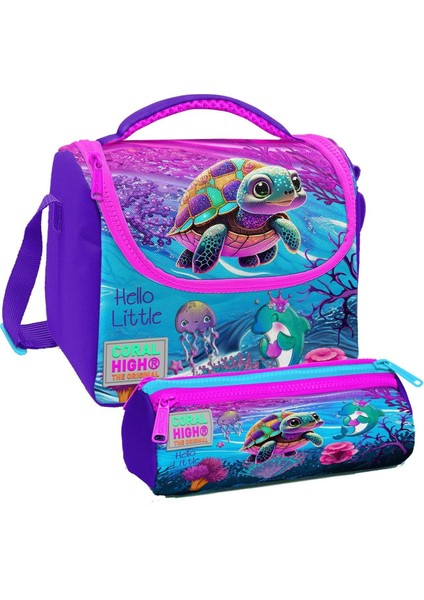 Pembe Mor Kaplumbağa Desenli Kız Çocuk Isı Yalıtımlı Beslenme Çantası ve Kalemlik Seti
