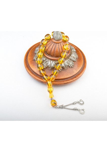 Efe Boy Fıçı KESIM15X14 mm Fosilli Beyrut Kehribarı Alpaka Püsküllü Tesbih