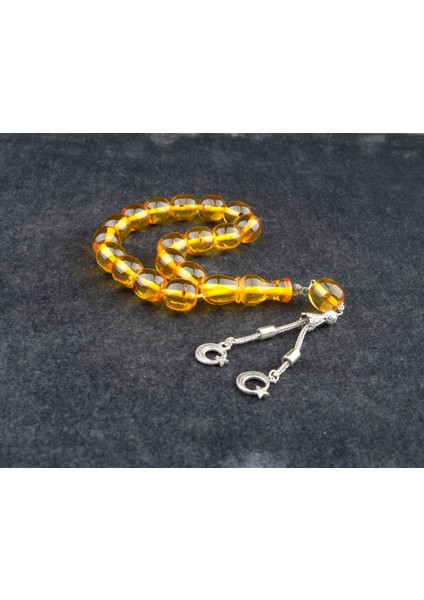 Efe Boy Fıçı KESIM15X14 mm Fosilli Beyrut Kehribarı Alpaka Püsküllü Tesbih