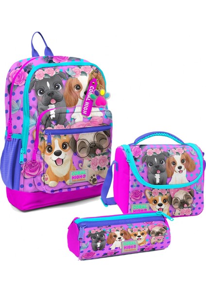 Kız Çocuk Üçlü Ilkokul Okul Çanta Seti - Pembe Köpek