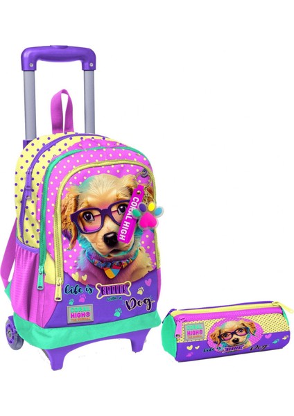 Sarı Pembe Sevimli Köpek Işıklı Tekerlekli Çekçek Çanta ve Kalemlik Seti - Kız Çocuk