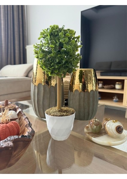 Yapay Ağaç Şimşir Top Tek Toplu 12X31CM Beyaz Saksıda
