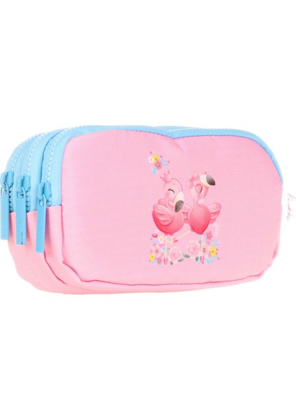 Üç Bölmeli Pembe Flamingo Kız Çocuk Kalem Çantası