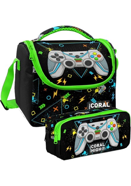 Siyah Fosforlu Yeşil Gamer Desenli Erkek Çocuk Isı Yalıtımlı Beslenme Çantası ve Kalemlik Seti