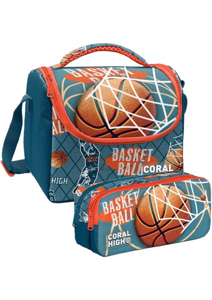 Nefti Turuncu Basketbol Desenli Erkek Çocuk Isı Yalıtımlı Beslenme Çantası ve Kalemlik Seti
