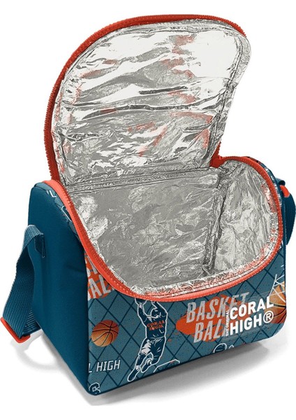 Nefti Turuncu Basketbol Desenli Erkek Çocuk Isı Yalıtımlı Beslenme Çantası ve Kalemlik Seti