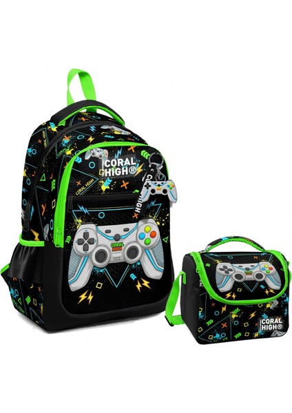 Üç Gözlü Ilkokul Çantası ve Beslenme Çantası - Siyah Fosforlu Yeşil Gamer Desenli - Erkek Çocuk