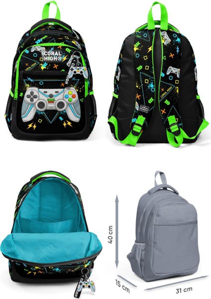 Üç Gözlü Ilkokul Çantası ve Beslenme Çantası - Siyah Fosforlu Yeşil Gamer Desenli - Erkek Çocuk