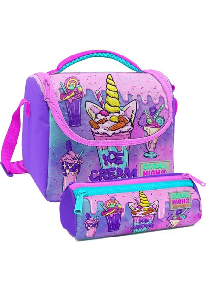 Pembe Mor Dondurma Desenli Kız Çocuk Isı Yalıtımlı Beslenme Çantası ve Kalemlik Seti
