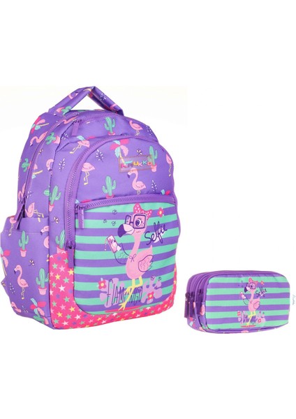 Mor Pembe Flamingo Okul Sırt Çantası ve Kalemlik Seti - Kız Çocuk