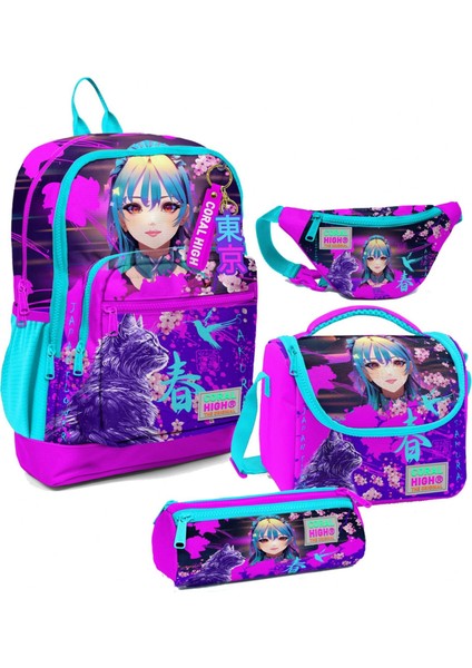 Kız Çocuk Mor Pembe Anime Kedi Desenli Ilkokul Okul Çanta Seti ve Bel Çantası