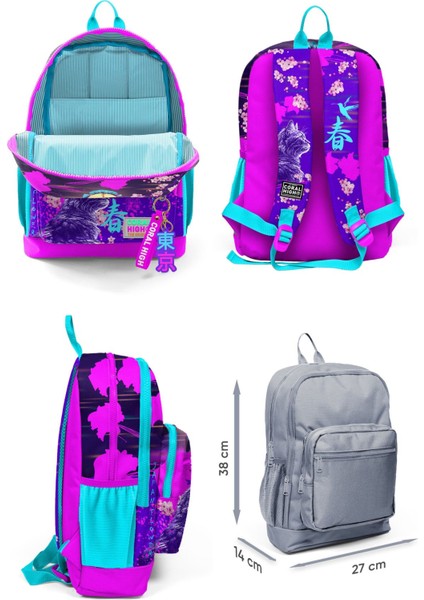 Kız Çocuk Mor Pembe Anime Kedi Desenli Ilkokul Okul Çanta Seti ve Bel Çantası fiyatları