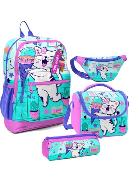 Kız Çocuk Turkuaz Pembe Dondurmalı Kedi Desenli Ilkokul Okul Çanta Seti ve Bel Çantası