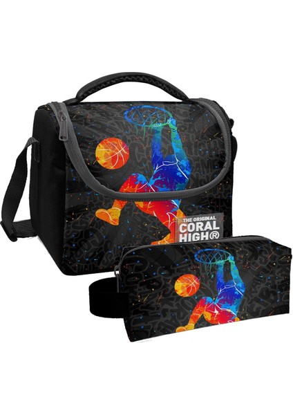 Gri Basketbol Desenli Erkek Çocuk Isı Yalıtımlı Beslenme Çantası ve Kalemlik Seti
