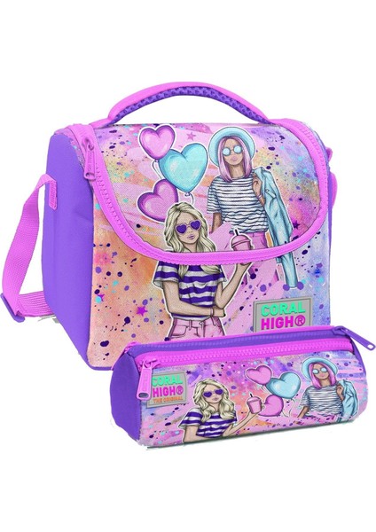 Pembe Mor Fashion Girl Desenli Kız Çocuk Isı Yalıtımlı Beslenme Çantası ve Kalemlik Seti