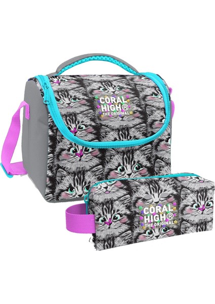 Gri Kedi Desenli Kız Çocuk Isı Yalıtımlı Beslenme Çantası ve Kalemlik Seti