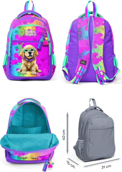 Üç Gözlü Ilkokul Çantası ve Beslenme Çantası - Mor Pembe Köpek Desenli - Kız Çocuk fiyatları