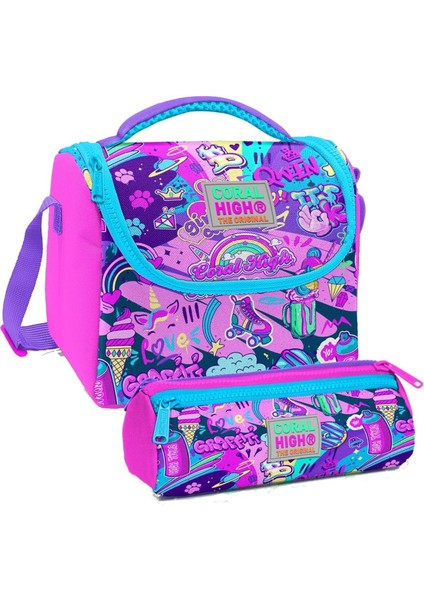 Grafiti Desenli Kız Çocuk Isı Yalıtımlı Beslenme Çantası ve Kalemlik Seti