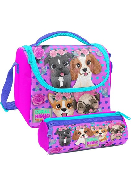 Pembe Köpek Desenli Kız Çocuk Isı Yalıtımlı Beslenme Çantası ve Kalemlik Seti