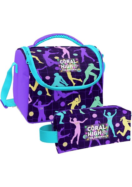 Mor Voleybol Desenli Kız Çocuk Isı Yalıtımlı Beslenme Çantası ve Kalemlik Seti