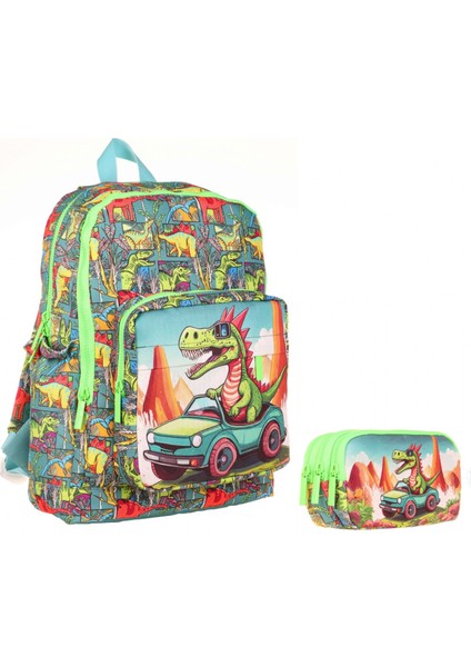 Yeşil Sevimli Dinazor Okul Sırt Çantası ve Kalemlik Seti - Erkek Çocuk