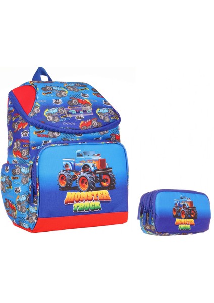 Mavi Kırmızı Kamyon Okul Sırt Çantası ve Kalemlik Seti - Erkek Çocuk