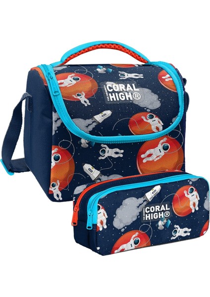 Lacivert Mavi Astronot Desenli Erkek Çocuk Isı Yalıtımlı Beslenme Çantası ve Kalemlik Seti
