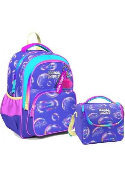 Üç Gözlü Ilkokul Çantası ve Beslenme Çantası - Lavanta Pembe Baloncuk Desenli - Kız Çocuk