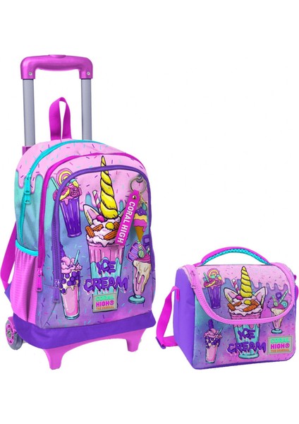 Pembe Mor Dondurma Işıklı Tekerlekli Okul Çantası ve Beslenme Seti - Kız Çocuk