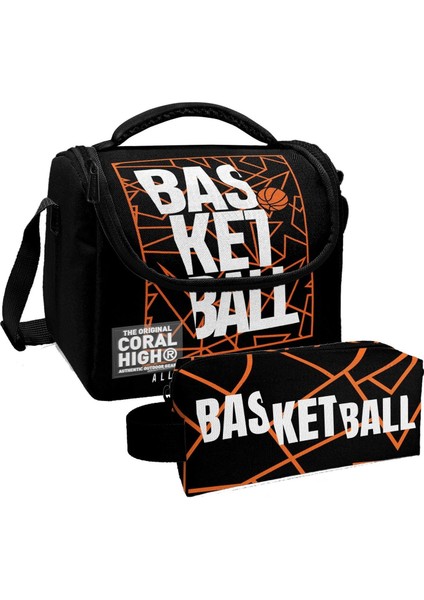 Siyah Basketbol Desenli Erkek Çocuk Isı Yalıtımlı Beslenme Çantası ve Kalemlik Seti