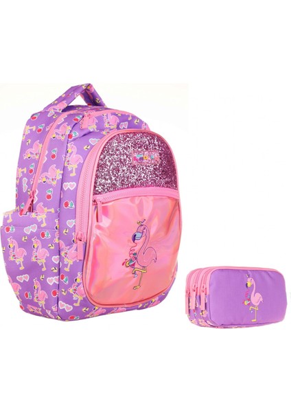 Aynalı Taşlı Flamingo Okul Sırt Çantası ve Kalemlik Seti - Kız Çocuk
