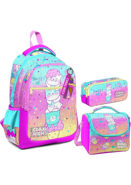 Kız Çocuk Üç Gözlü Ilkokul Çanta Seti - Renkli Dondurmalı Kedi Desenli