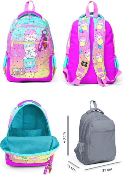 Kız Çocuk Üç Gözlü Ilkokul Çanta Seti - Renkli Dondurmalı Kedi Desenli fiyatları