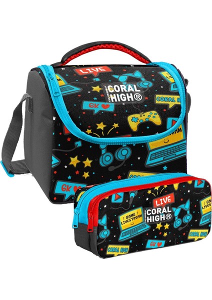Siyah Mavi Gamer Desenli Erkek Çocuk Isı Yalıtımlı Beslenme Çantası ve Kalemlik Seti