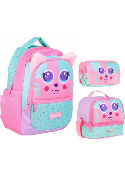 Yeşil Pembe Sevimli Kedi Üçlü Ilkokul Okul Çanta Seti - Kız Çocuk
