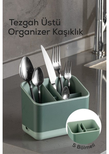 5 Bölmeli Organizer Kaşıklık Tezgah Üstü Kaşık Düzenleyici Yeşil