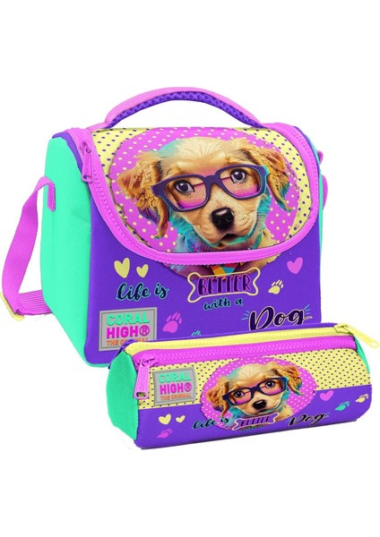 Sarı Pembe Sevimli Köpek Desenli Kız Çocuk Isı Yalıtımlı Beslenme Çantası ve Kalemlik Seti