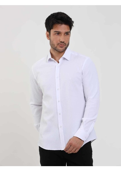 Beyaz Erkek Slim Fit Gofre Desenli Brent Yaka Uzun Kol Gömlek - 104795 modelleri