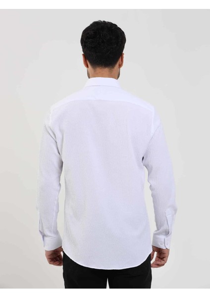 Beyaz Erkek Slim Fit Gofre Desenli Brent Yaka Uzun Kol Gömlek - 104795 indirimleri