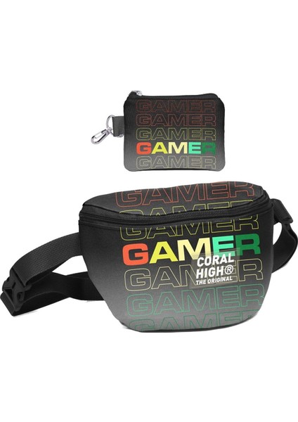 Erkek Çocuk Siyah Gri Gamer Desenli Bel Çantası ve Bozuk Para Cüzdanı Set